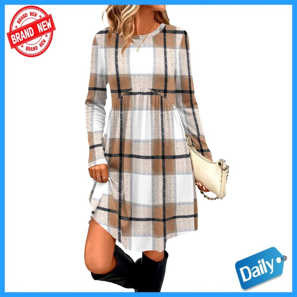 Long Sleeve Empire Waist Tunic Dress with Pockets Casual Elegant Minimal Chic